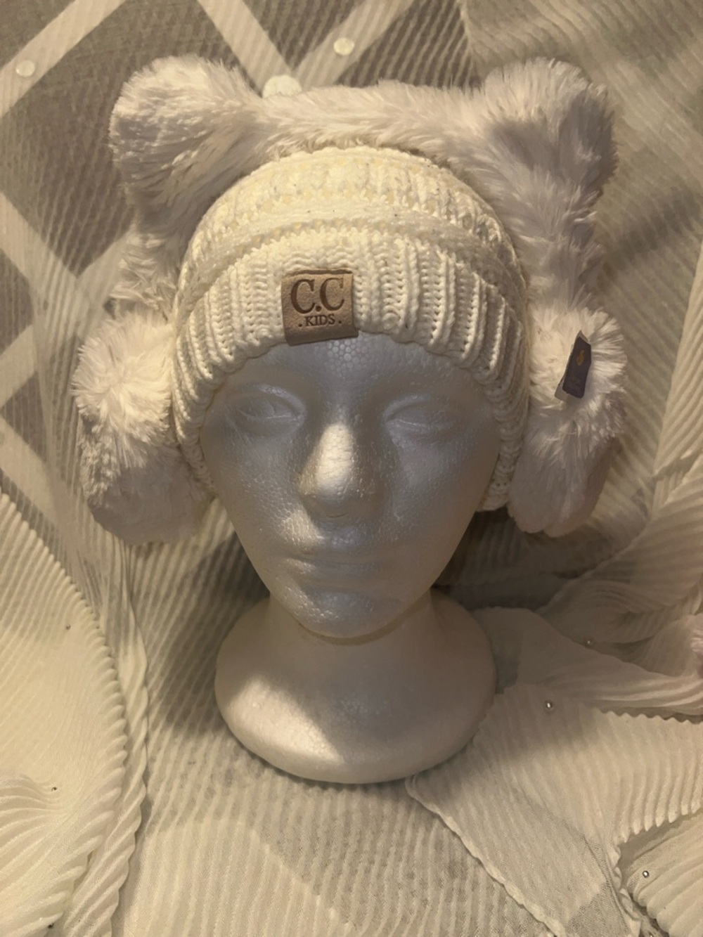 White Fuzzy Pom Beanie with Ear Muffs